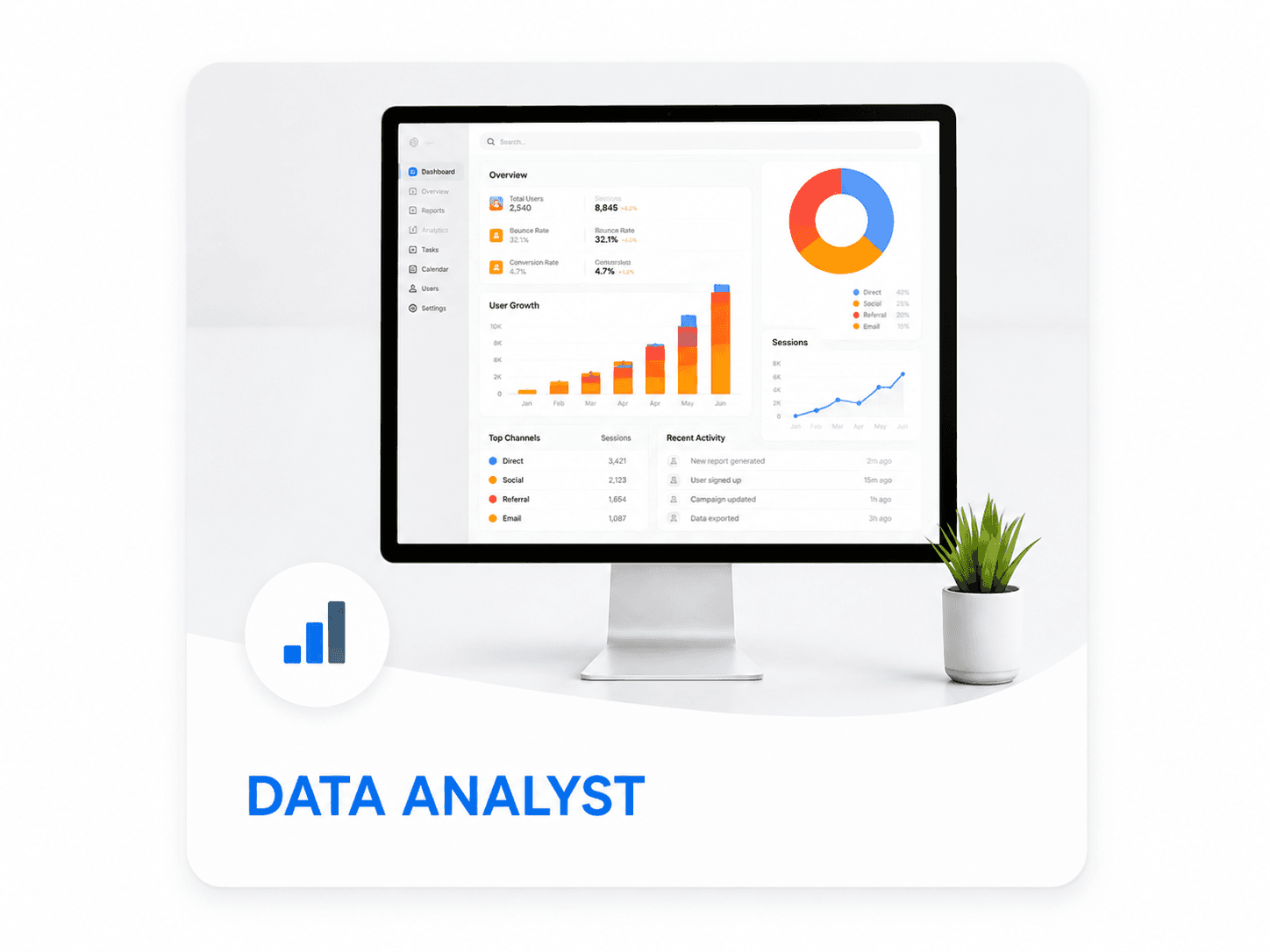 Desktop monitor showing an analytics dashboard with charts