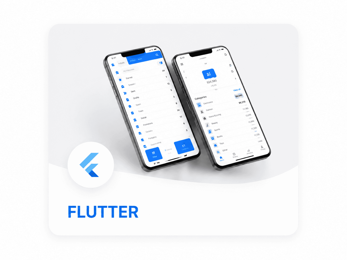 Two phones running Flutter inbox and finance apps